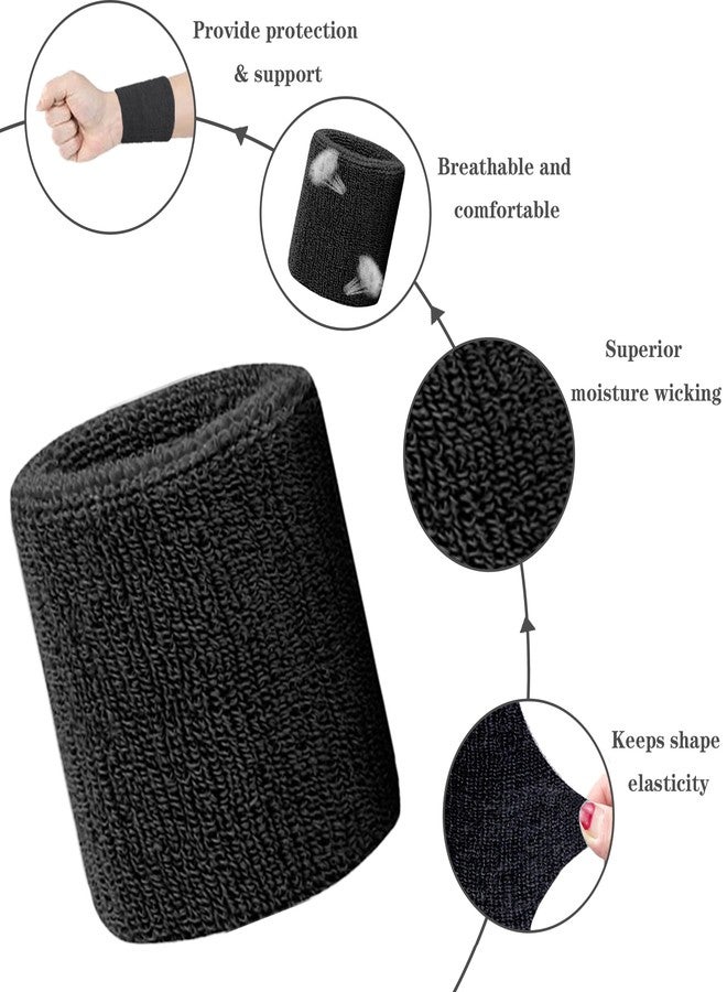 IMAGERIO 6 Pieces Sweatband Set Sports Headband Wristband Set, Moisture Wicking Athletic Sweatbands 4 Wrist Sweatband and 2 Headbands, Terry Cloth Sweat Absorbing Head Band for Workout -Black - Image 5
